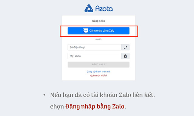 Đăng nhập Azota đăng ký Zalo