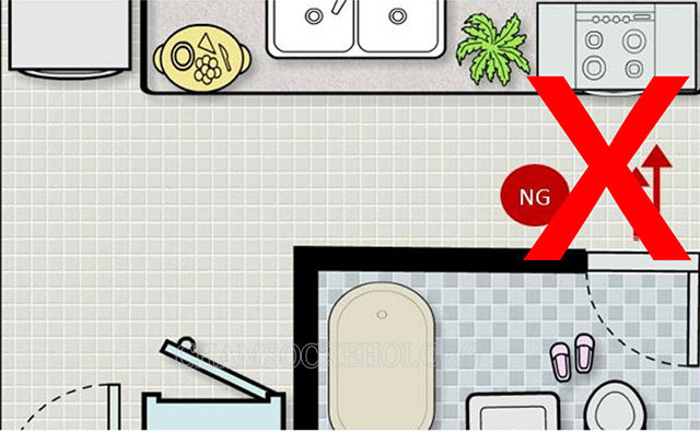 Nghiêm cấm đặt bếp đối diện hoặc dưới nhà vệ sinh