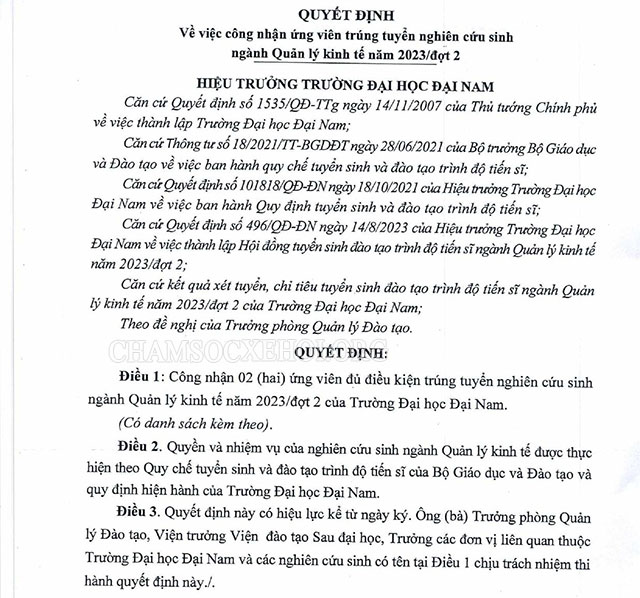 Quyết định công nhận ứng viên trúng tuyển nghiên cứu sinh của cơ sở đào tạo